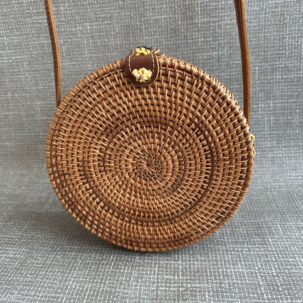 Wicker Round Rattan Woven straw bag Crossbody Purse Brown - Picture 10 of 13